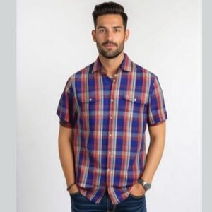 Original Penguin Blue Red Plaid Short Sleeve Classic Fit Button Up Shirt Large‌‌